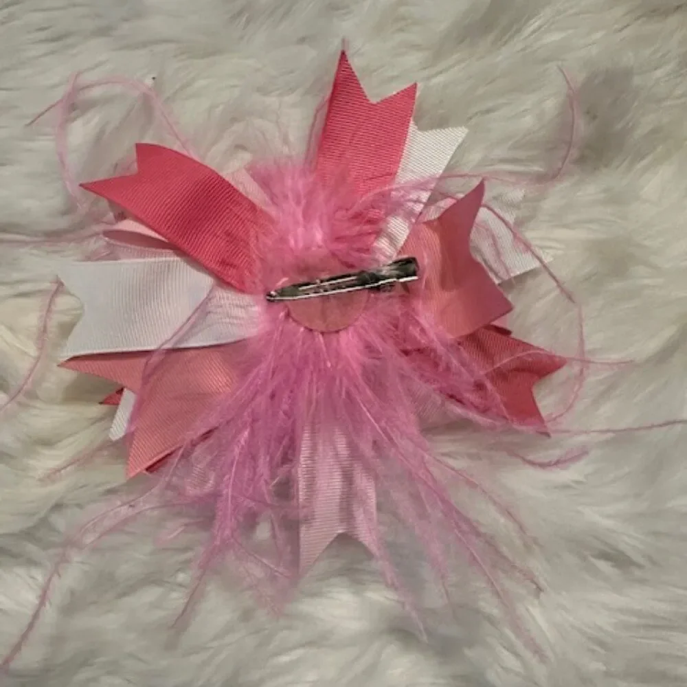 Pink Polka Dot Super Deluxe Bows w/ Feather Accents  7499  Handmade NWT Boutique